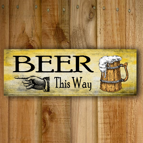 Beer this way wall mounted signs customised heavy duty metal 40cm x 12cm