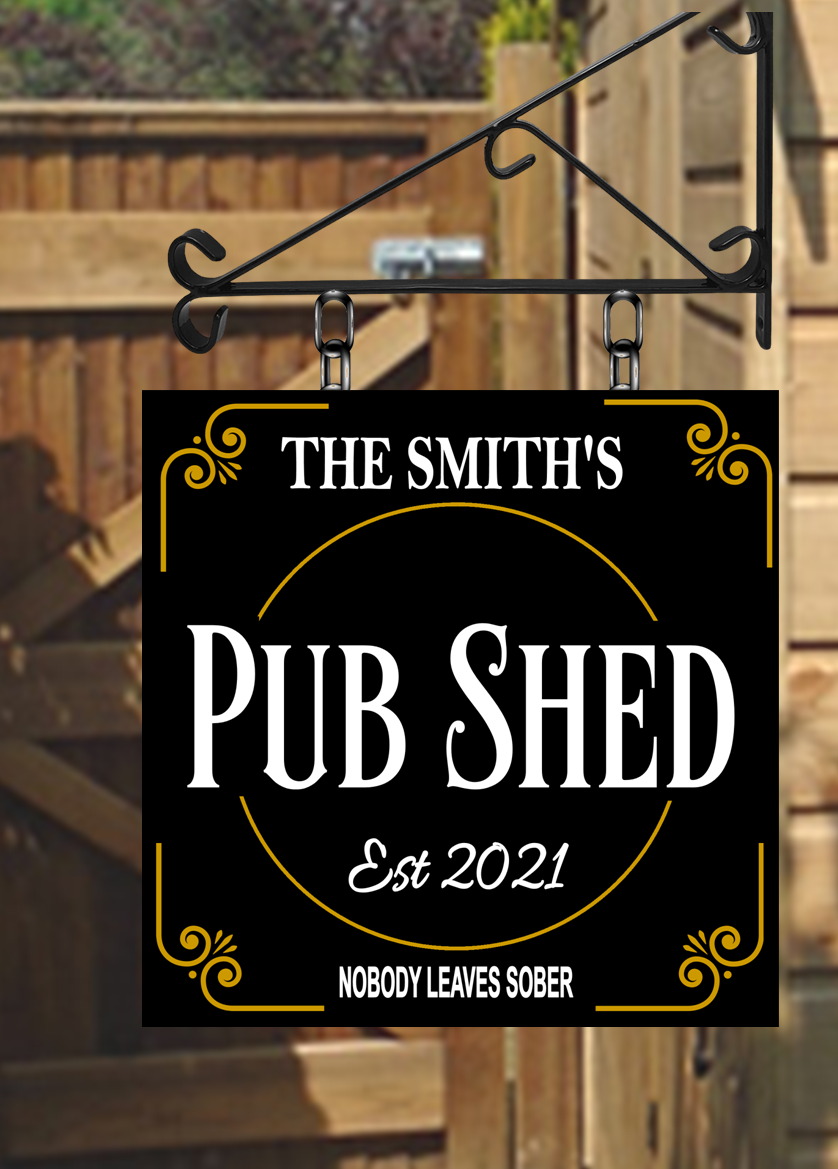 Personalised Pub Shed Fancy Hanging Swing Sign with Bracket | Garden Pub | Home Bar | Family Name Sign |