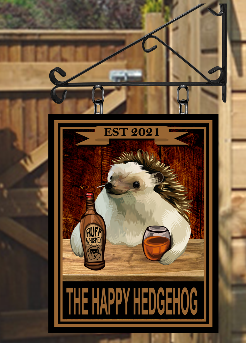 The Happy Hedgehog Swinging Custom made Hanging Pub and Bar Sign Various sizes