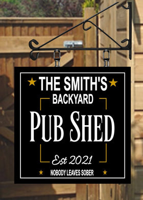 Personalised Pub Shed Hanging Swing Sign with Bracket | Garden Pub | Home Bar | Family Name Sign |