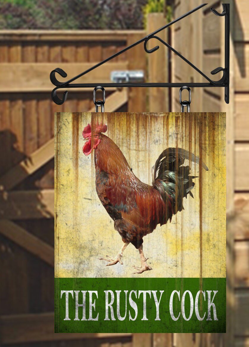 The Rusty Cock Personalised Swinging Custom made Hanging Pub and Bar Sign Various sizes