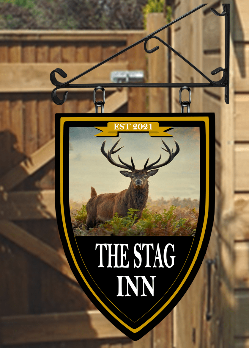 The Stagg Inn Shield shaped Bar Personalised Swinging Custom made Hanging Pub and Bar Sign